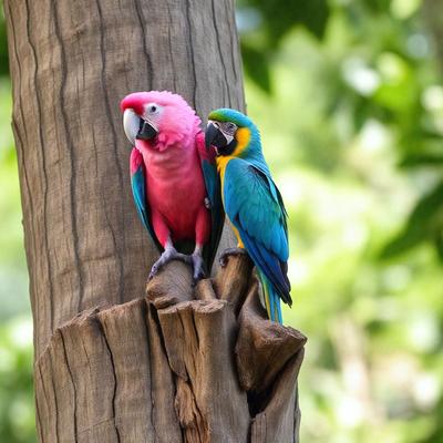 The primary subject of the image is a pair of colorful birds perched on a tree branch. The birds are blue and pink, and they appear to be interacting with each other. The setting is a lush green forest, with trees and leaves surrounding the birds. The visual style of the image is a photo, capturing the vibrant colors and natural environment. The mood of the image is lively and cheerful, as the birds seem to be enjoying their time together in the forest.